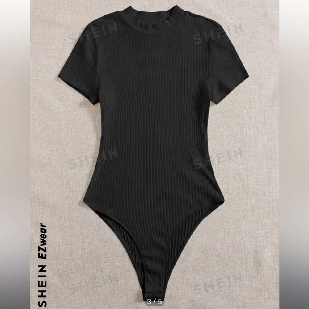 SHEIN EZwear Black Short Sleeve Mock Neck Ribbed Knit Bodysuit Leotard